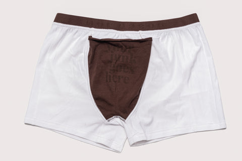 Inside view of chalk boxers featuring the inside pouch in a different colour tone and the instructions phrase "your junk goes here"