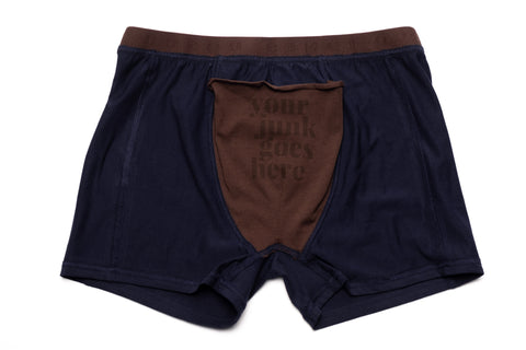 Inside view of our boxers featuring the inside pouch in a different colour tone and the instructions phrase "your junk goes here"